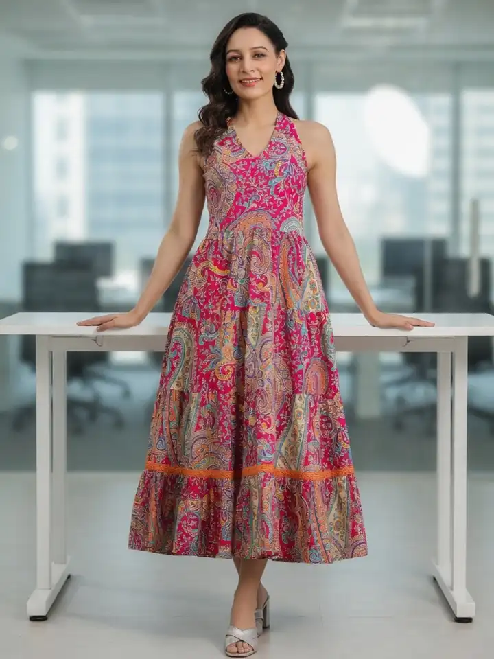 white christmas dresses Plus Size Floral Printed Puff Sleeves Pure Cotton Maxi Ethnic Dress main image 1