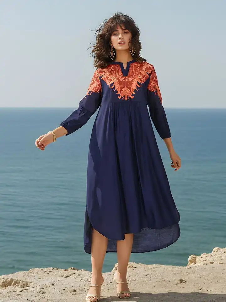 strapless open back dress Heart Print Round Neck Pleated A-Line Midi Dress, Red / L main image 0