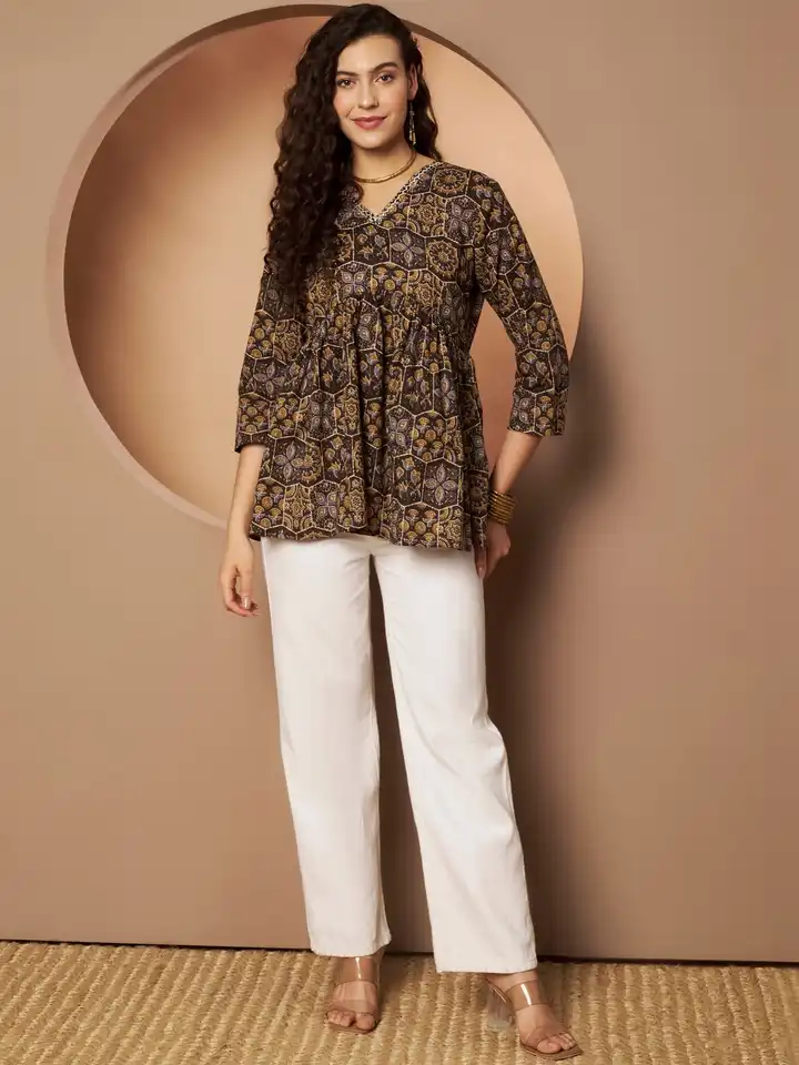 Buy AKSHADEEP Women's Brown Cotton Floral Printed Tunic - Tunics
