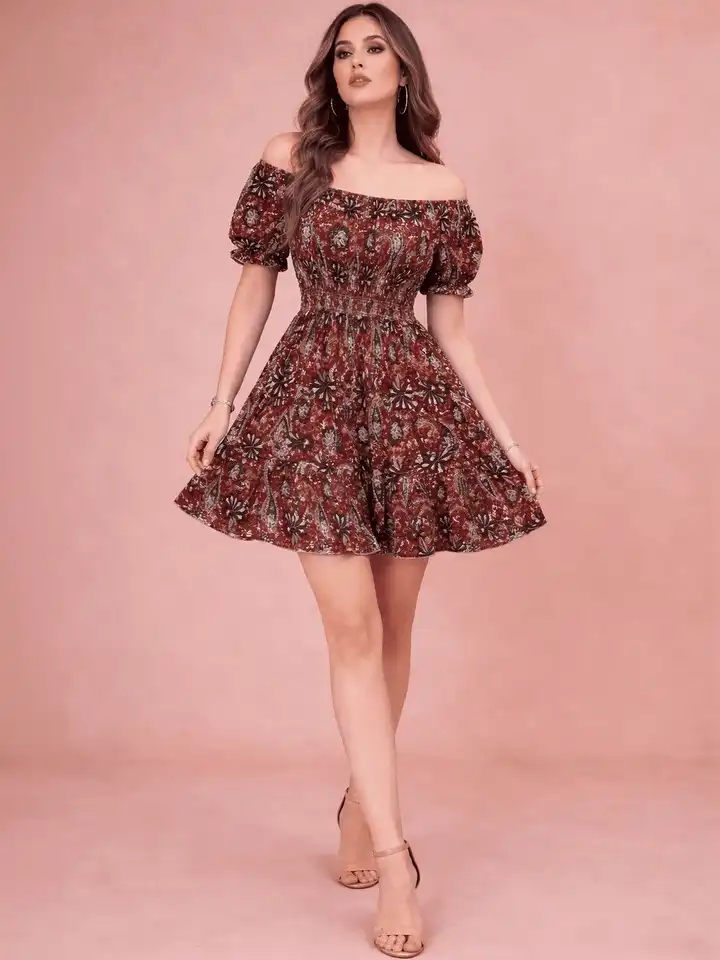 Buy GERMAN GOAT Floral Print Off-Shoulder Puff Sleeve Fit & Flare Mini Dress  - Dresses for Women 39869964 | Myntra