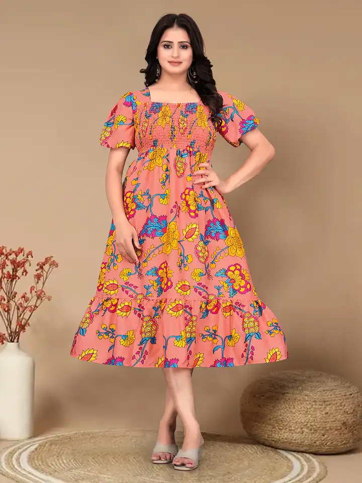 Buy MENFLUENT Floral Print Puff Sleeve Crepe Fit & Flare Midi Dress -  Dresses for Women 39426424 | Myntra