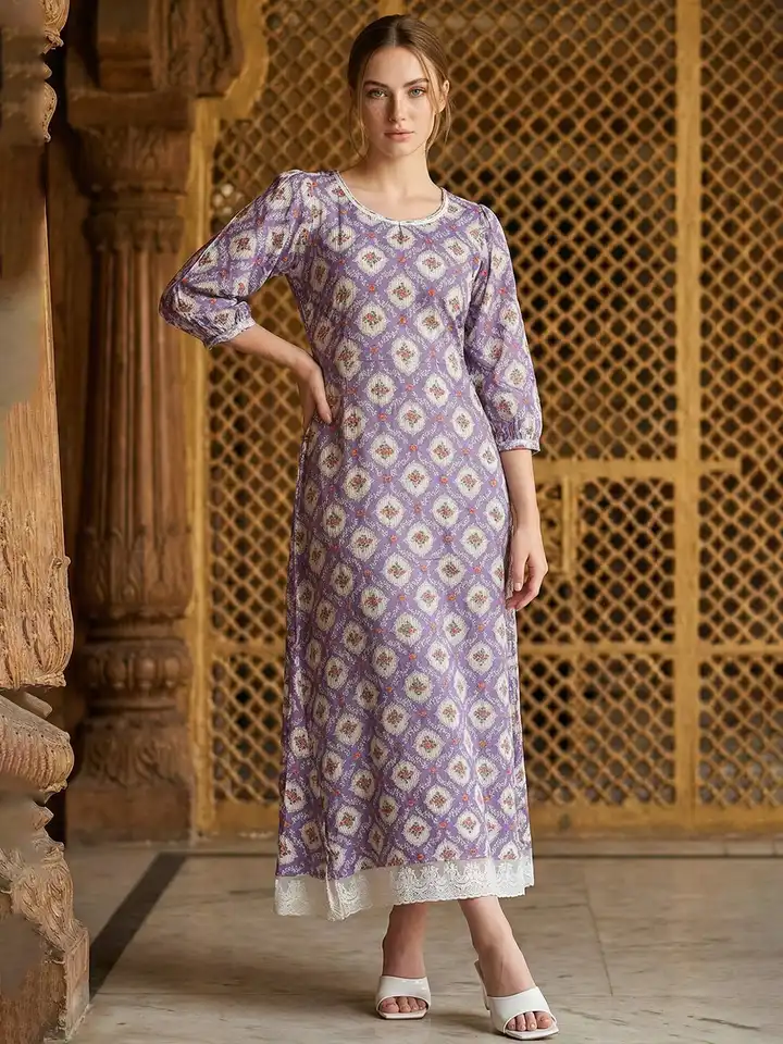 Buy AURELIA Floral Printed Keyhole Neck Puff Sleeve Lace Inserts A-Line Maxi  Dress - Dresses for Women 24138724 | Myntra