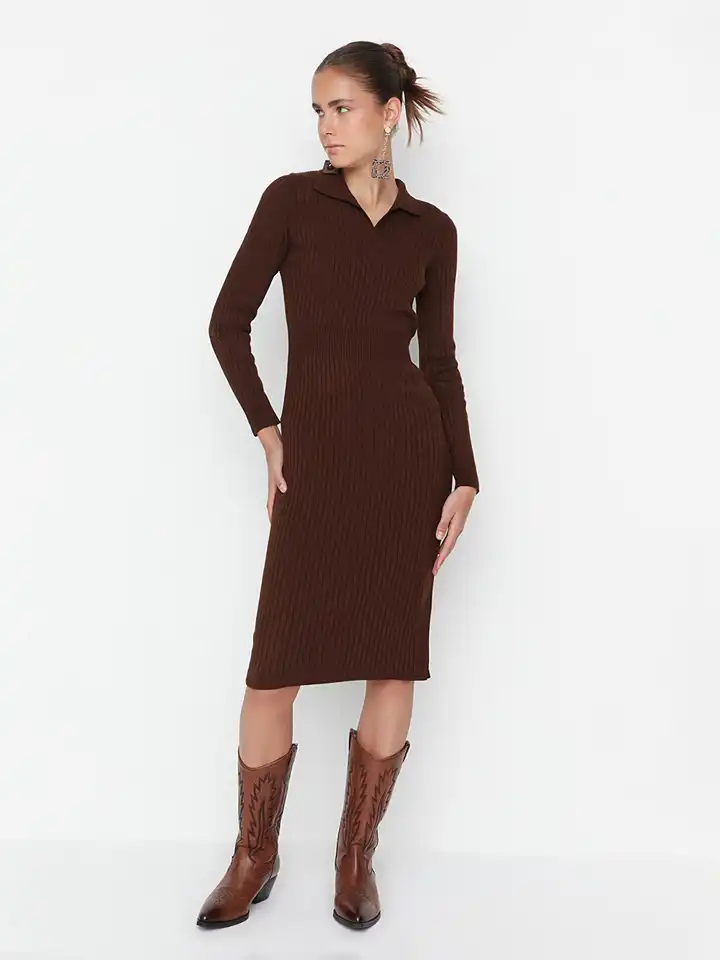 Trendyol Abito Lungo Aderente A Maglia Con Collo Quadro – Vestito Bodycon Donna, 100% Acrilico