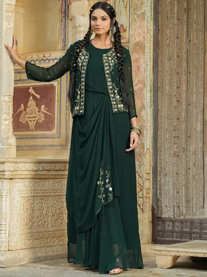 Buy SCAKHI Women Green Embroidered Pleated Ethnic Dress - Ethnic Dresses  for Women 20323694 | Myntra
