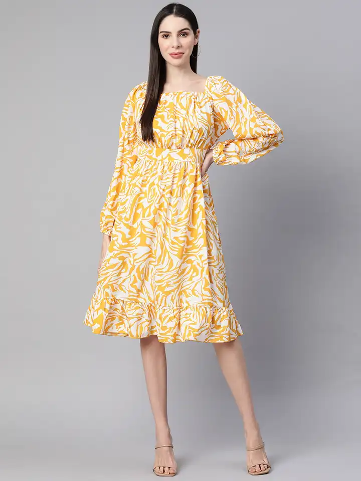 green emerald velvet dress Neerus Yellow Floral Printed Flared Dress for Casual Daily Wear Women   Neerus India