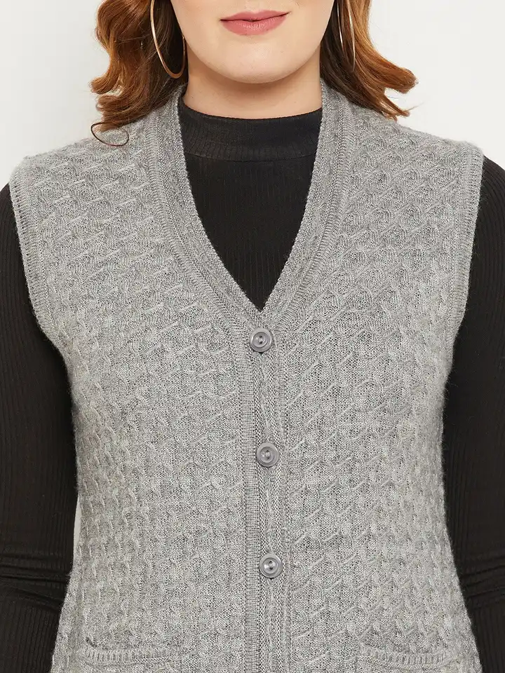 Buy Zigo Women Grey Self Design Cable Knit Wool Cardigan Sweater