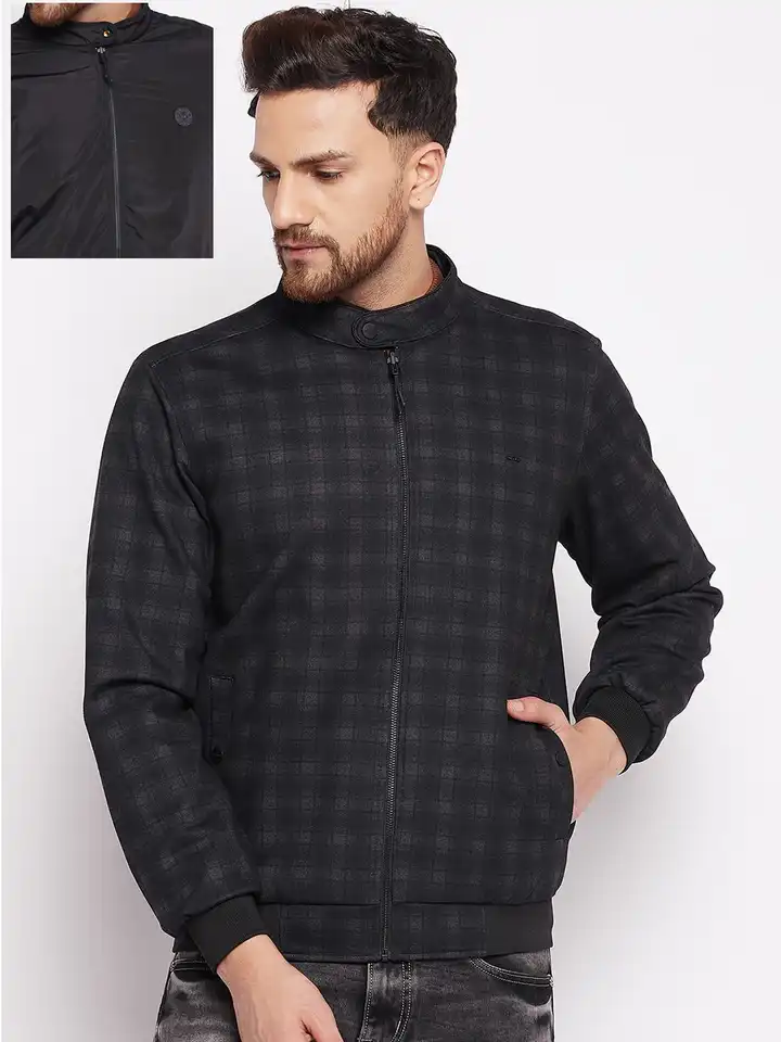 Buy Okane Men Black Checked Reversible Bomber Jacket - Jackets for