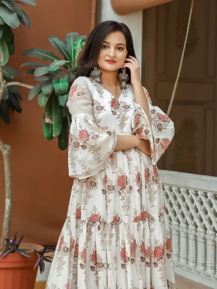 chinese dress ladies Floral Printed Smocked Fit & Flare Puff Sleeves Maxi Dress XL main image 0