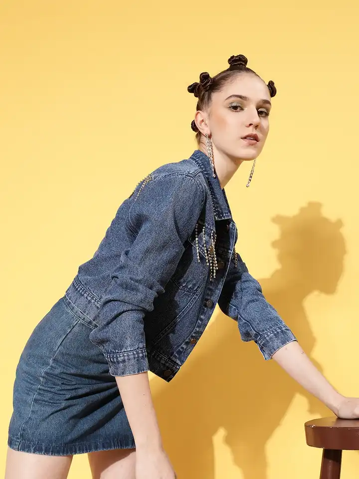 Buy SASSAFRAS Women Navy Blue Diamante Chain Denim Jacket