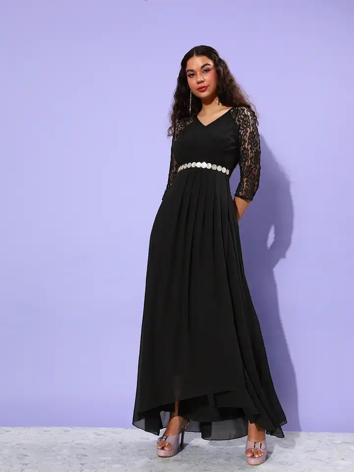 knee length dresses for ladies Self-Portrait Polka Dot Georgette Maxi Dress in BLACK. Size US 0/ UK 4