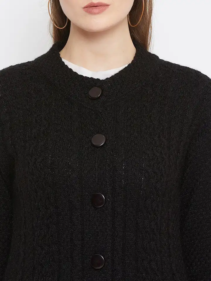 Cielo Women's Long Open Front Knit Cardigan – Solid Black, Side Pockets, Ribbed Trim, Medium Weight - View #3