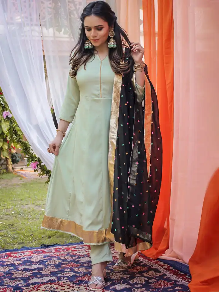 Buy Thread & Button Women Green Panelled Kurta with Trousers & With Dupatta  - Kurta Sets for Women 20855206 | Myntra