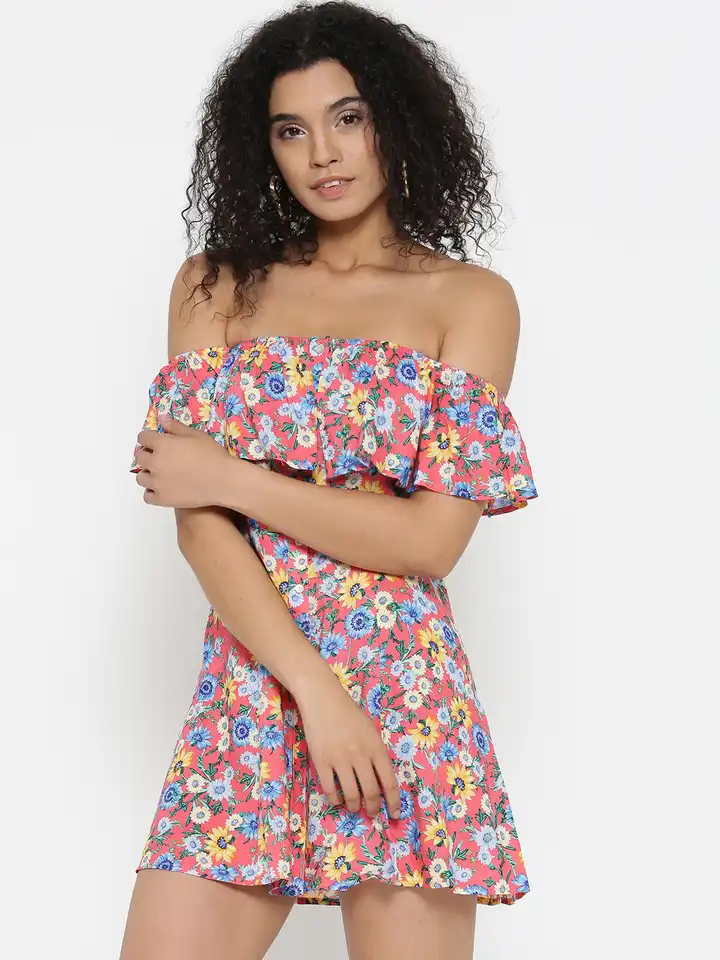 Buy FOREVER 21 Women Coral Pink & Blue Floral Print Off-Shoulder Fit &  Flare Dress - Dresses for Women 2098725 | Myntra