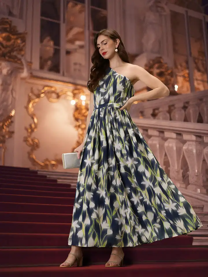 Women's One Shoulder Long Sleeve Bodycon Dress - Floral Print Maxi Dress For Wedding Guest, Night Out, Women's One Shoulder Long Sleeve Bodycon Dress - Floral Print Maxi Dress For Wedding Guest, Night Out,