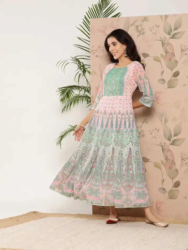 green emerald velvet dress The Carmella Dress in Peach Tapestry 2 / Peach Tapestry main image 1