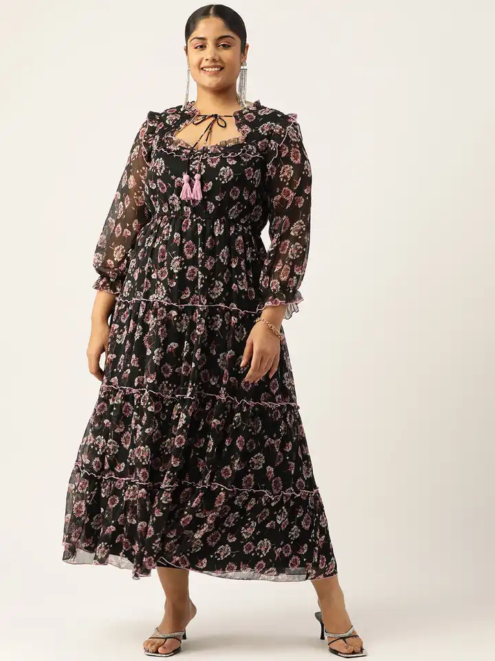 Buy Antheaa Curve Plus Size Floral Tie-Up Neck Chiffon Maxi Dress - Dresses  for Women 21682918 | Myntra