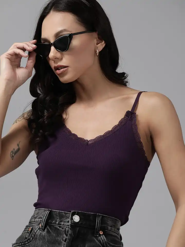 Buy The Roadster Lifestyle Co. Solid Knitted Cami Top With Lace