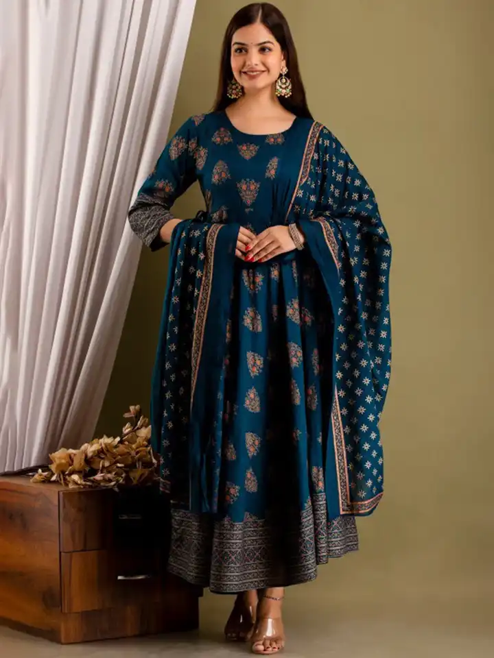 KBZ Women's Gold Print Cotton Blend Anarkali Kurta In Blue - Ethnic Long Kurta With 3/4 Sleeves & Embellished Border