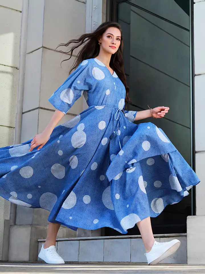 W Women Fit And Flare Blue, White Dress