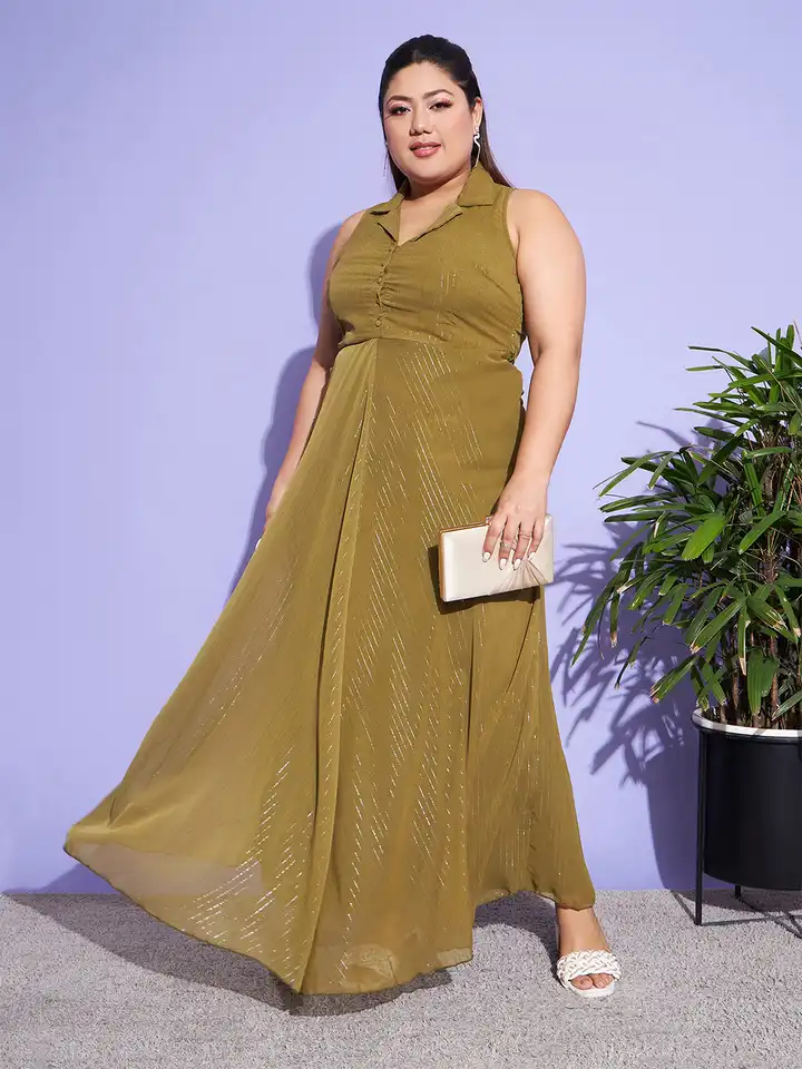 Buy SASSAFRAS Curve Green Plus Size Cuban Collar Sleeveless Maxi Dress -  Dresses for Women 22744658 | Myntra