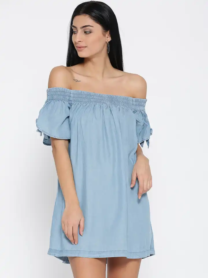 Buy FOREVER 21 Women Blue Denim Off-Shoulder A-Line Dress - Dresses for  Women 2287269 | Myntra