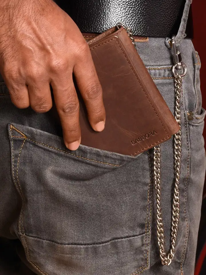 Buy Sassora Men Leather Chain Attached RFID Three Fold Wallet