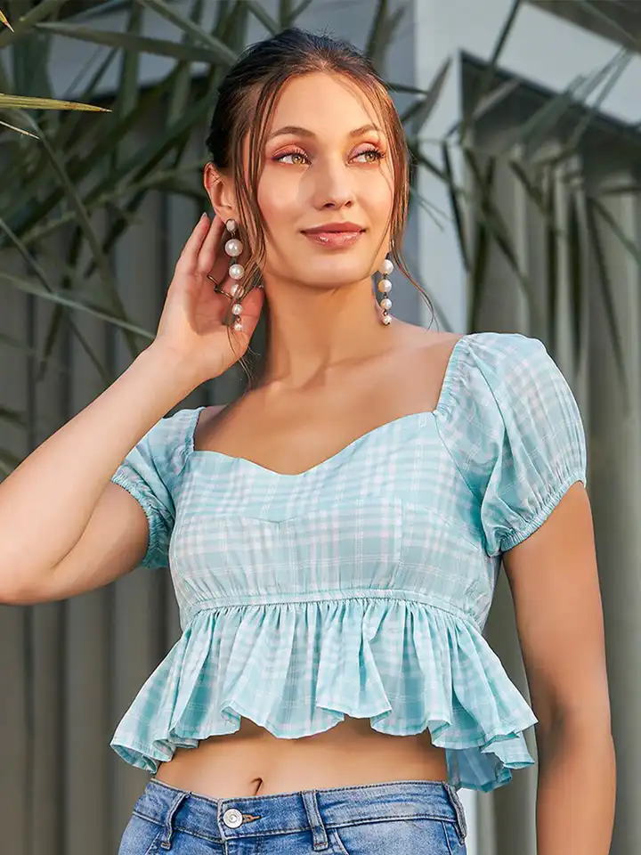 Buy KASSUALLY Blue Checked Puff Sleeve Peplum Crop Top - Tops for