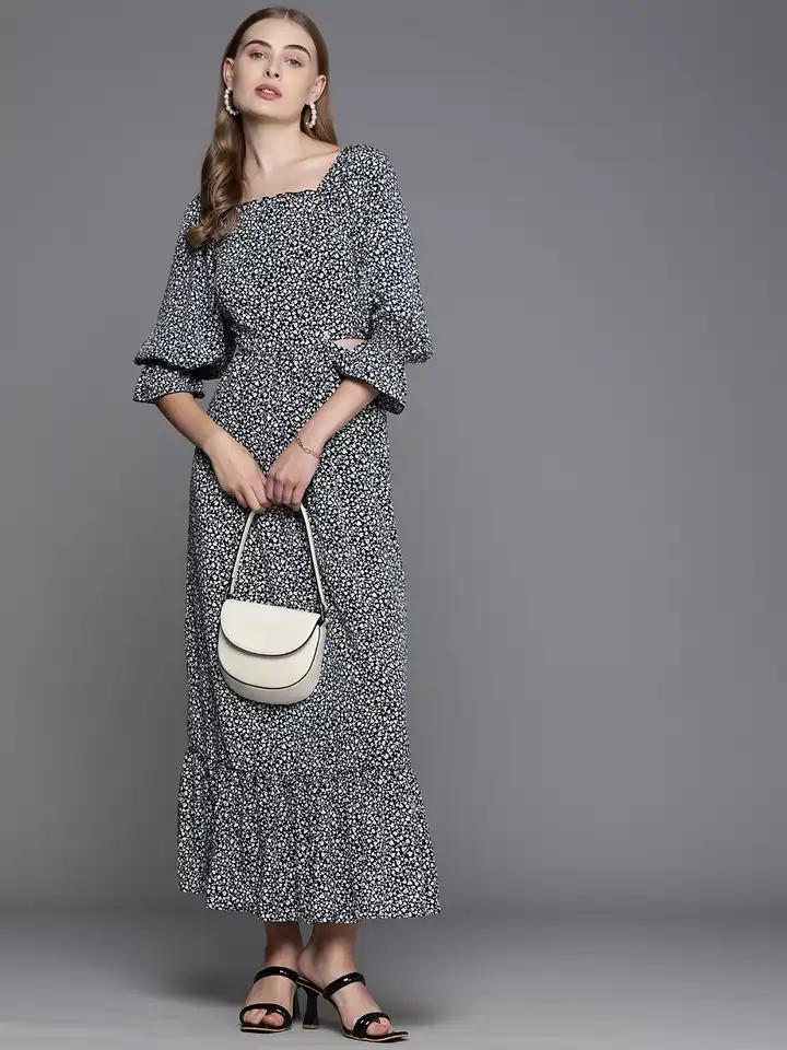 Maxi Dress Allen Solly Women Dress Dressberry Dresses Allen Solly Women  Blue Printed Fit Amp Flare