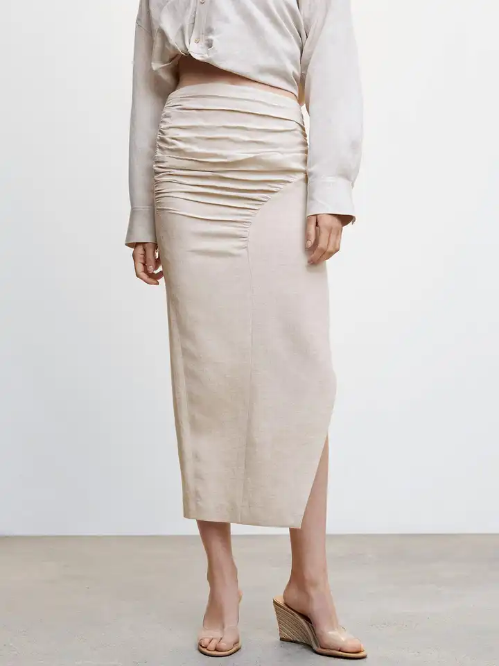 MANGO Linen Pencil Side Slit Skirt With Gathered Details
