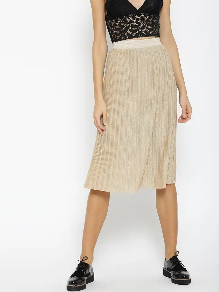Buy MANGO Beige Shimmer Midi Flared Skirt with Accordion Pleats