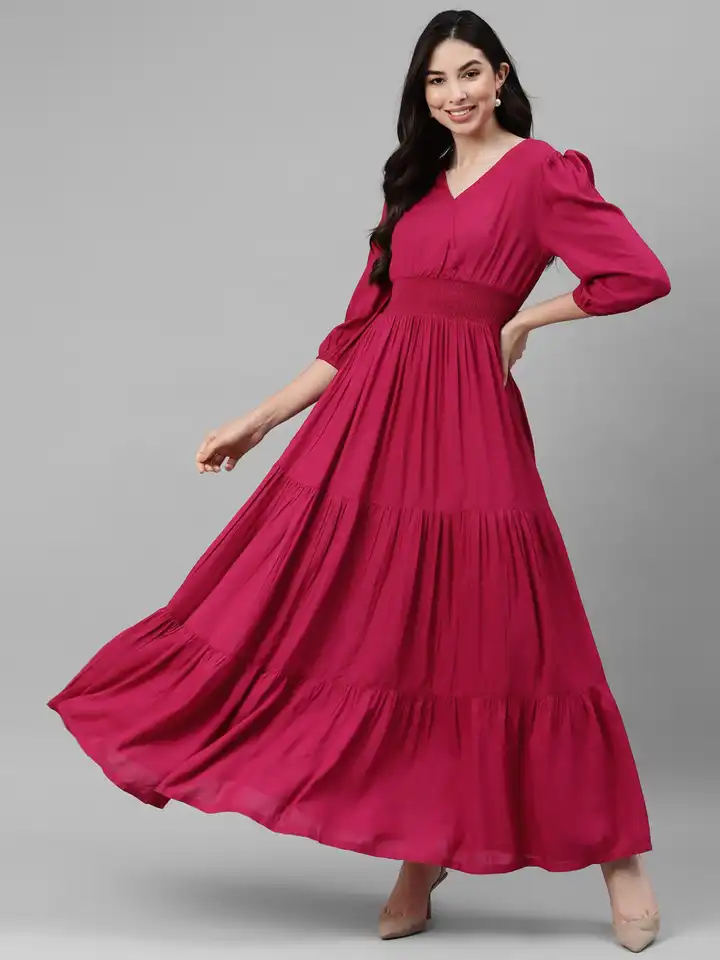 chinese dress ladies Magenta Pleated Bodice Long Sleeve Maxi Dress