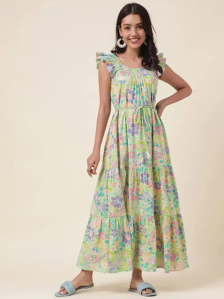 chinese dress ladies Buy Fabindia Women's Blue Cotton Printed Maxi Dress Ankle Length  2112963BLUE at Amazon.in