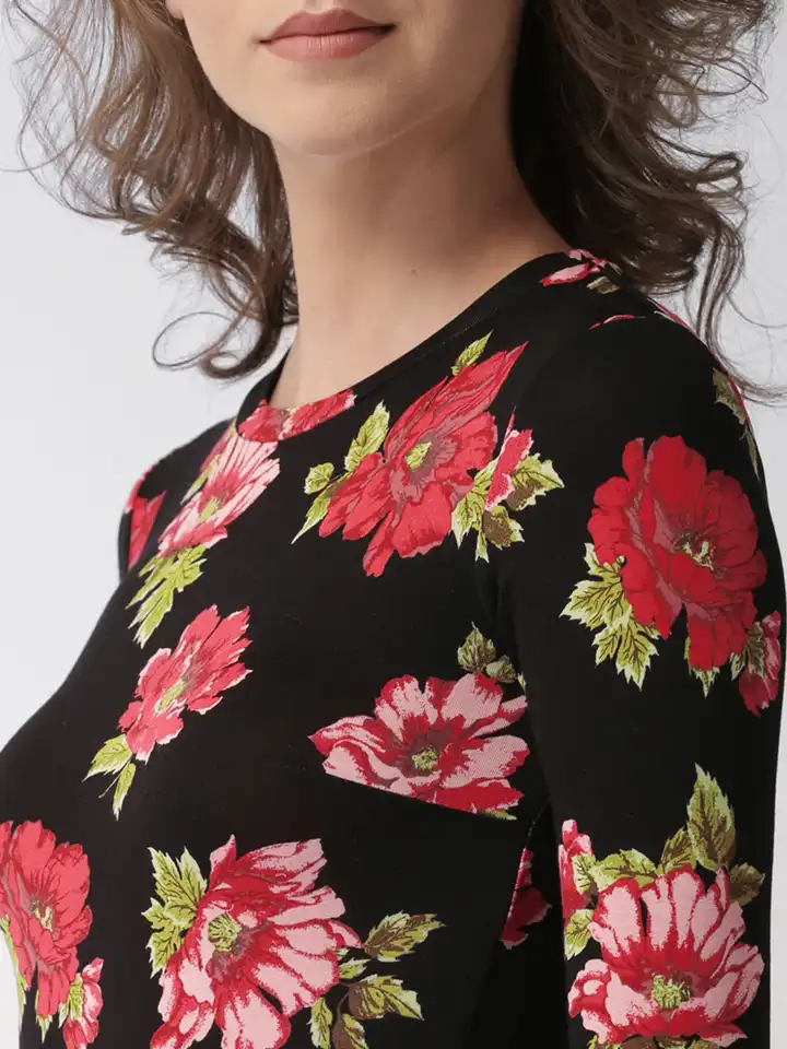 Buy FOREVER 21 Women Black & Red Floral Print A-Line Dress - Dresses for  Women 2363353 | Myntra