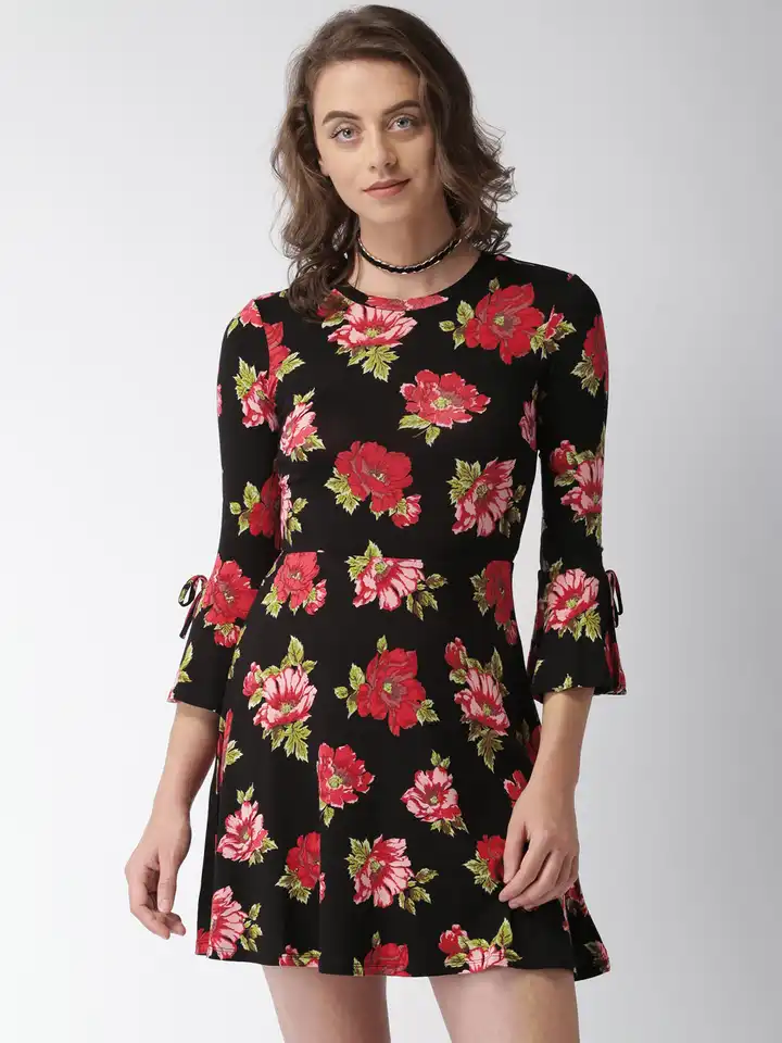 Buy FOREVER 21 Women Black & Red Floral Print A-Line Dress - Dresses for  Women 2363353 | Myntra