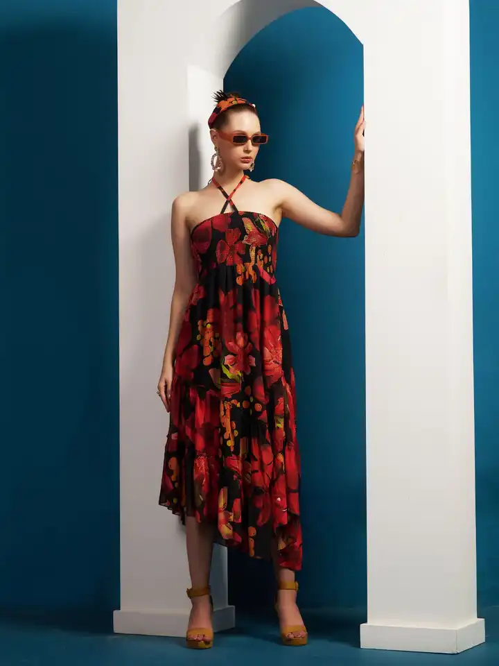 Buy Taurus Floral Printed Tie-Up Neck Smocked Detail Asymmetric Hem Fit &  Flare Midi Dress - Dresses for Women 23719392 | Myntra
