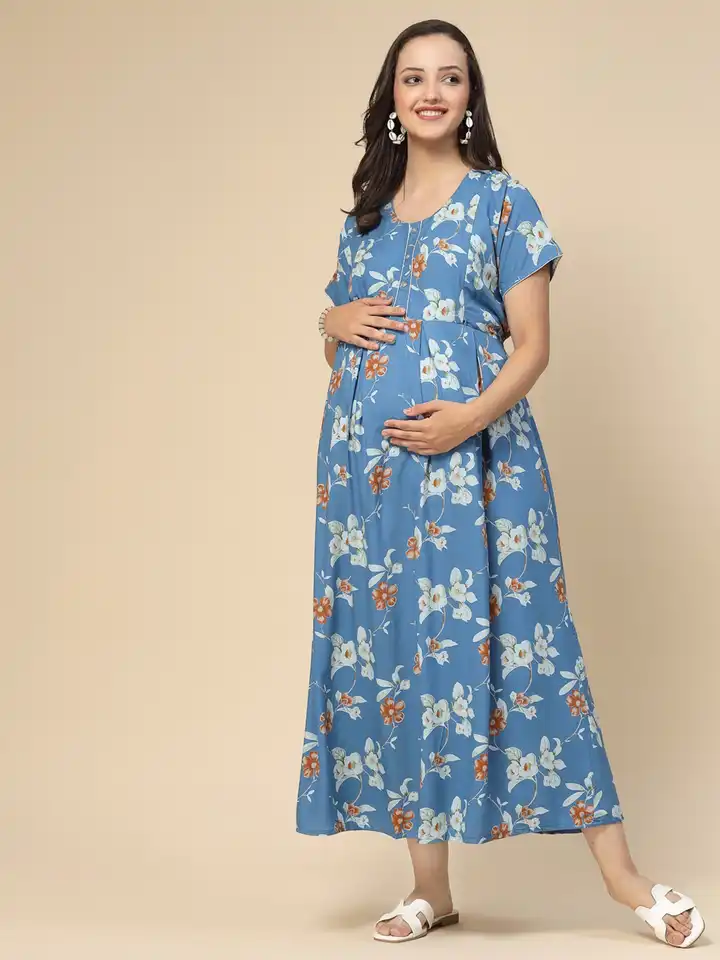slim fit dress slacks Blue Floral Smocked Ruffle Maternity Dress – PinkBlush main image 1