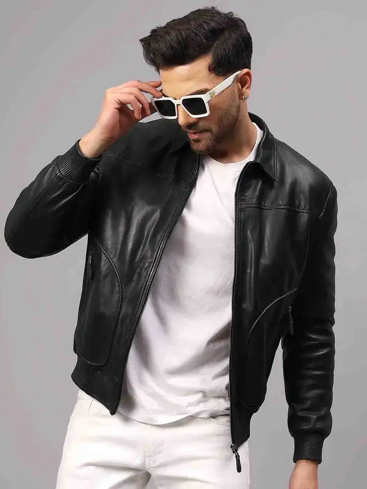 Buy Saint G Spread Collar Water Resistant Leather Bomber Jacket