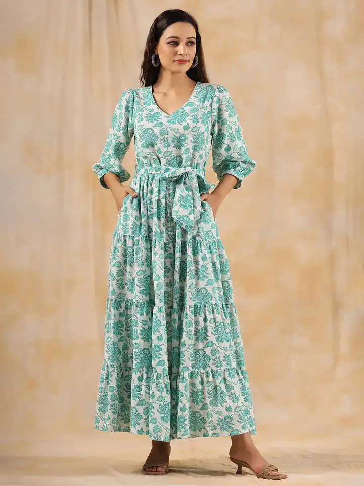 Buy Jaipur Kurti Floral Printed V-Neck Puff Sleeves Tiered Cotton Maxi Dress  - Dresses for Women 23907548 | Myntra