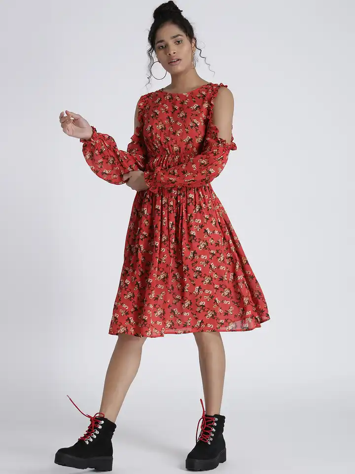 slim fit dress slacks Red Floral Fit And Flare Dress Short Sleeve Ruched Bust main image 1