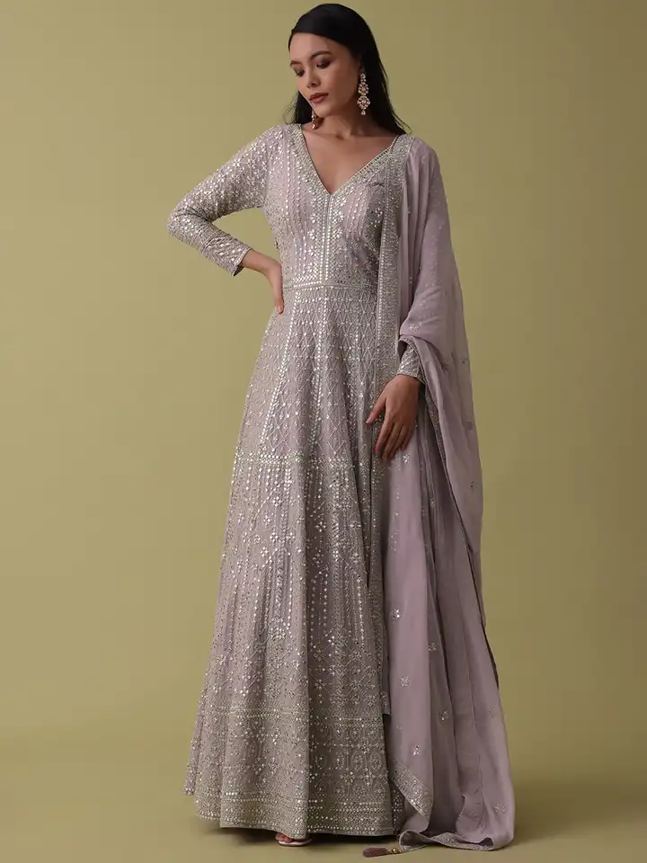 slim fit dress slacks Dusty Beige Embroidered Gown With Cowl Sleeves| KALKI Fashion India
