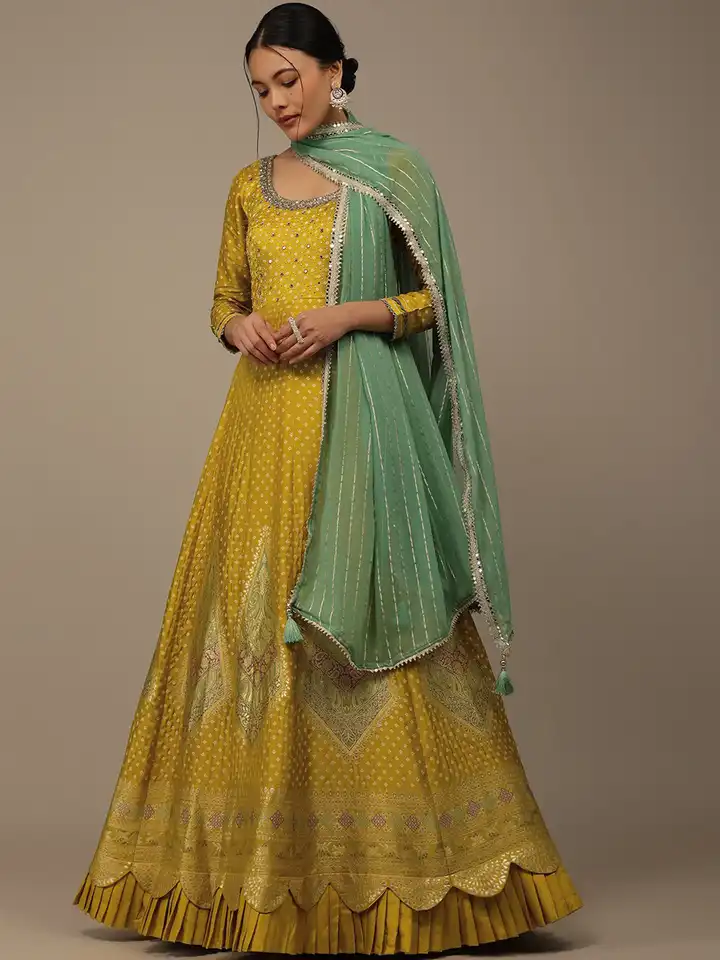 green emerald velvet dress kalkifashion Yellow Chinon Kurta Palazzo Set with Choker Style Dupatta main image 0