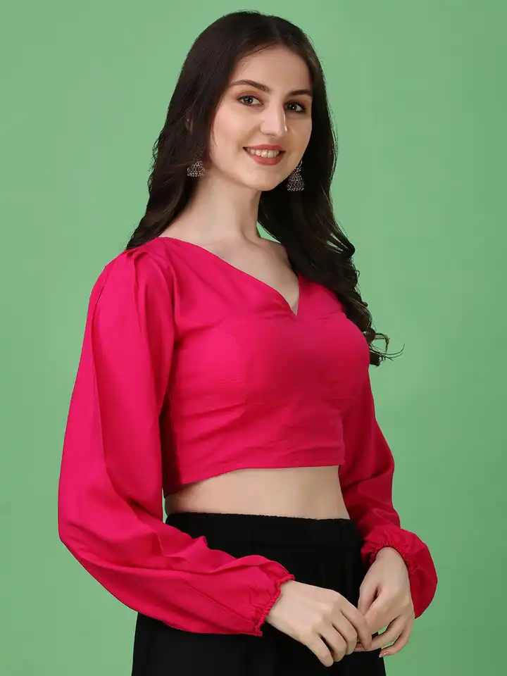 Buy Oomph! V-Neck Long Puff Sleeves Cotton Saree Blouse - Saree