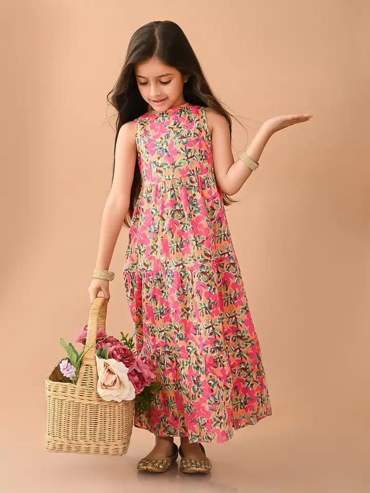 maxi organic cotton dress children Makemake Organics Organic Ruffle Tiered Dress - Blush Floral