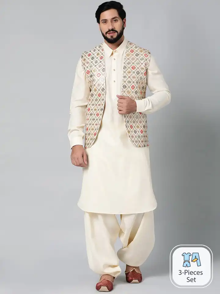 Men's Cotton Pathani Kurta & Salwar Set With Embroidered Nehru Jacket - Traditional Ethnic Wear