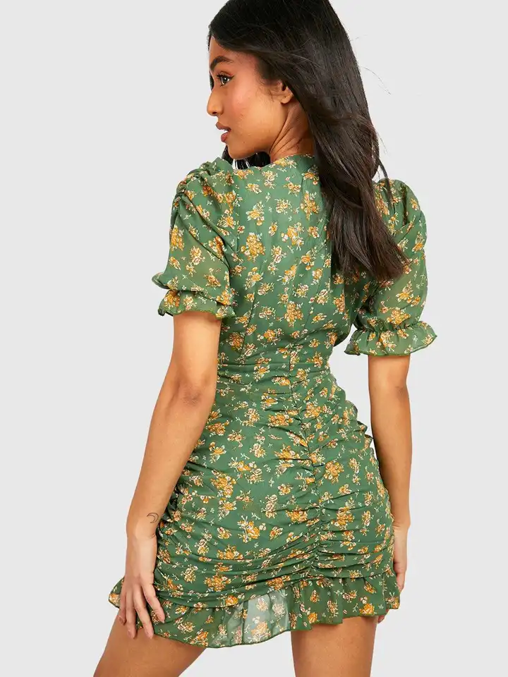 Buy Boohoo Petite Floral Print Ruched Puff Sleeve Bodycon Mini Dress -  Dresses for Women 25076540 | Myntra