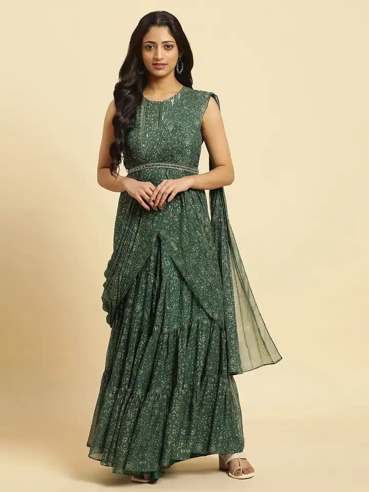 chinese dress ladies Rose & Golden Ethnic Motifs Printed Maxi Dress with Attached Dupatta main image 0