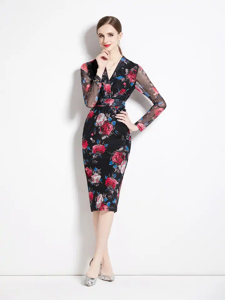 chinese dress ladies ZESICA Floral Bodycon Boho Long Sleeve Mesh Ruffle Mermaid Dress – zesica main image 0