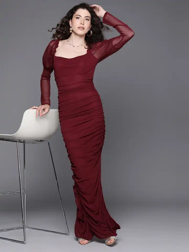 chinese dress ladies Boohoo Women's Red Maxi Dress | Deep Plunge, Tie Waist, Flutter Sleeves