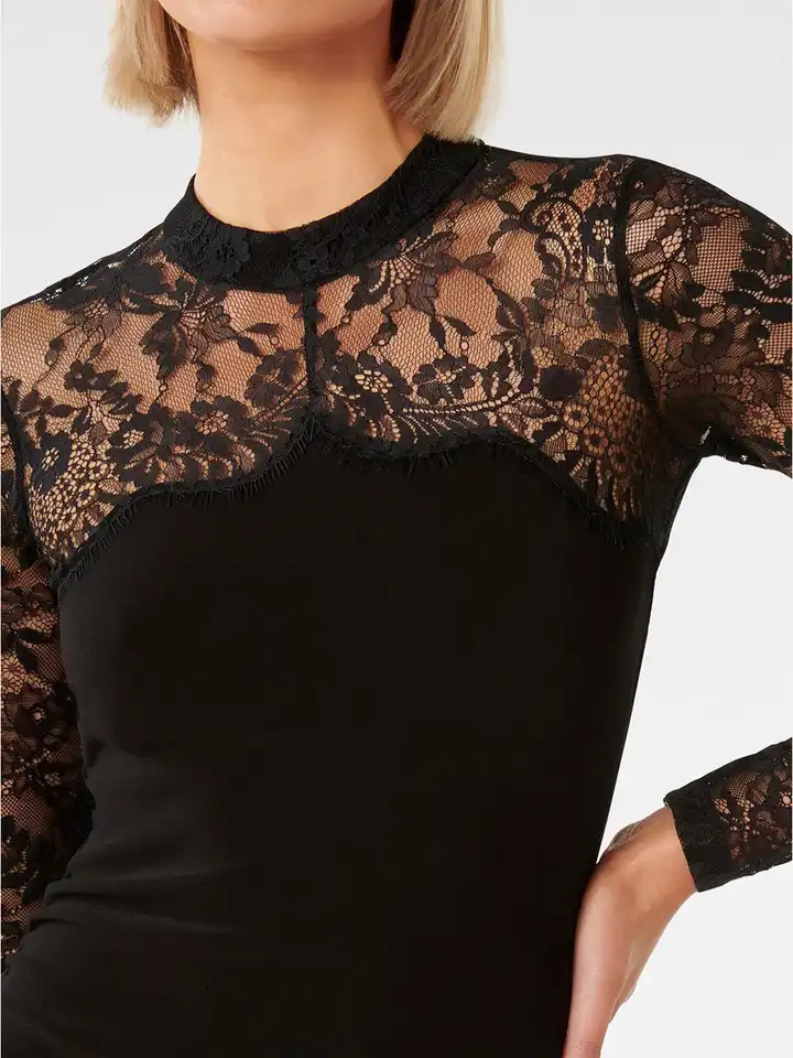 Myntra Forever New Navy Lace Dress Buy Forever New Round Neck Long Sleeves  Lace Inserts Bodycon