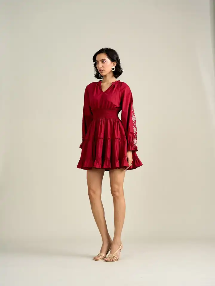 Buy Style Island Embroidered Cuffed Sleeve Tiered Cotton Fit & Flare Mini  Dress - Dresses for Women 25778536 | Myntra
